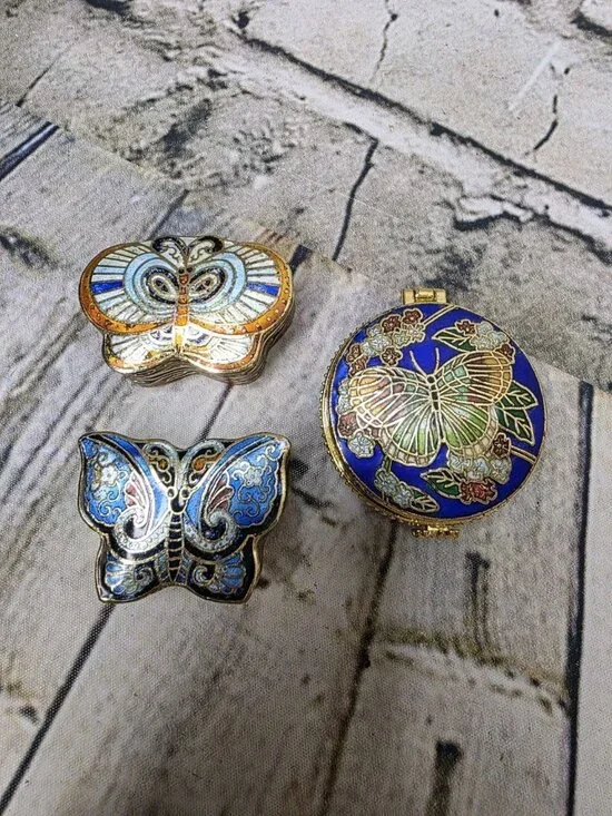Vintage Cloisonne Enameled Pill Trinket Boxes Butterfly Floral Set Of 3 Blues