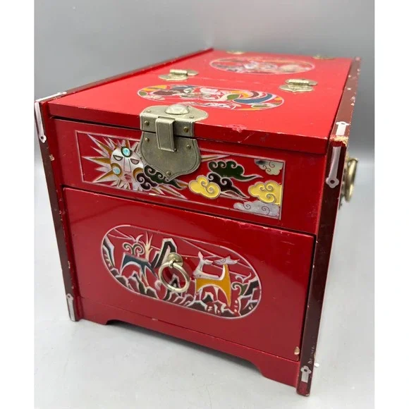 Vintage Red Lacquer Jewelry Box Sun‎ Moon Deer Inlay Brass Accents Asian
