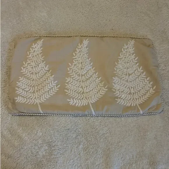 Pier 1 Decorative Pillow Cover 20x12 Tan White Embroidered Tree Leaves