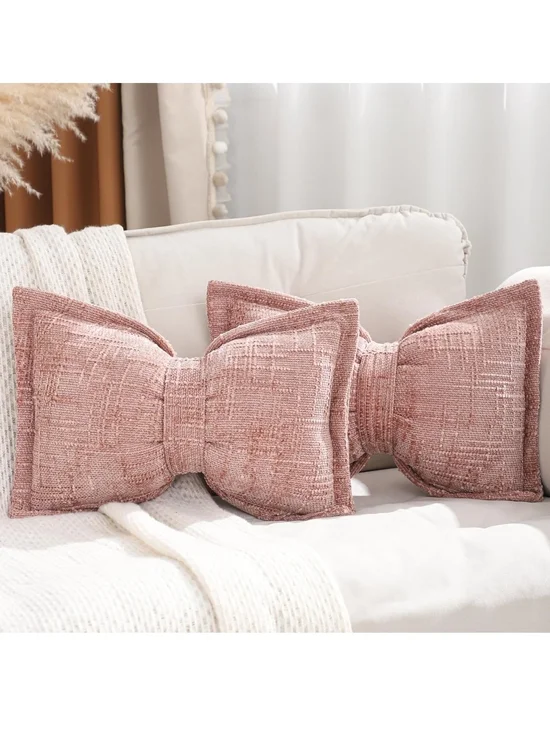 Blush Pink Bow Accent Throw Pillow Pair