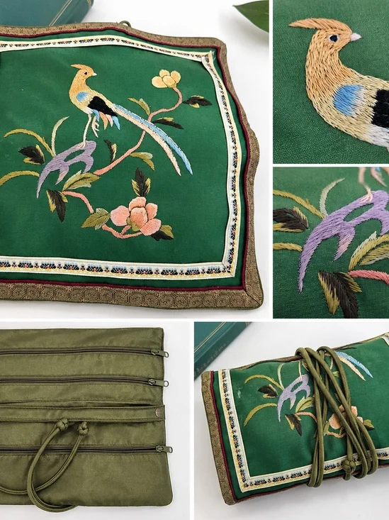 Vintage Embroidered Satin Travel Jewelry Wrap Organizer Bag