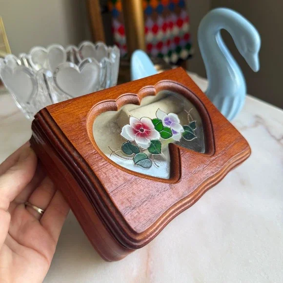 Vintage Wood Jewelry Box Double Heart Floral Glass Inlay Trinket Box Organizer