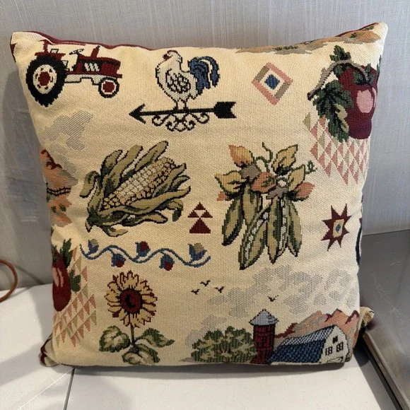 Vtg Farm Scene Tapestry Pillow 15