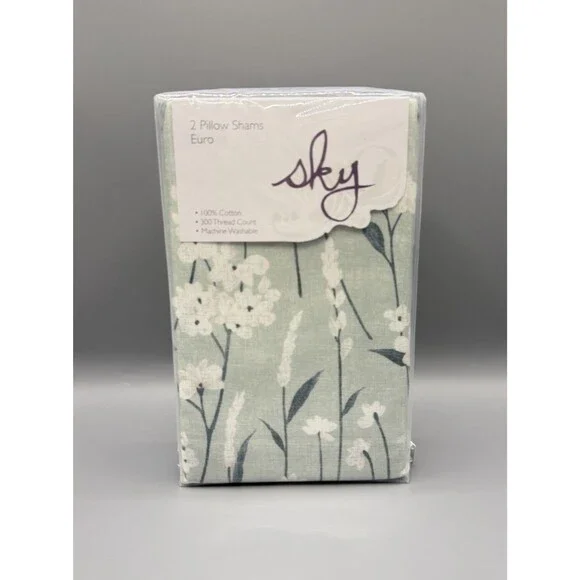 Sky 2 Euro Shams Field Flowers Sage Green 100% Cotton New