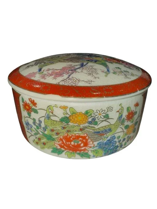 Vintage Satsuma Japanese Peacock Jewelry Box 3.75
