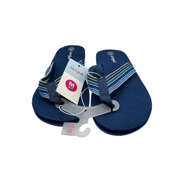 Cat & Jack Boys Navy Blue Striped Flip Flop Sandals Size M 2/3 NWT