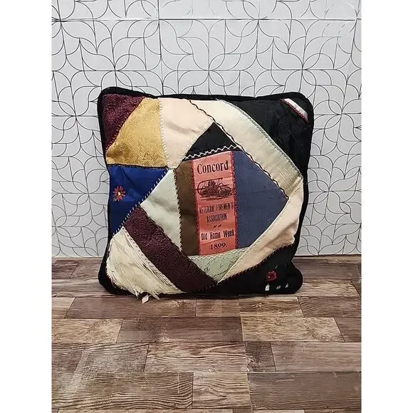 Antique VICTORIAN CRAZY QUILT PILLOW Velvets Old Home Week 1899 Veteran Firemen