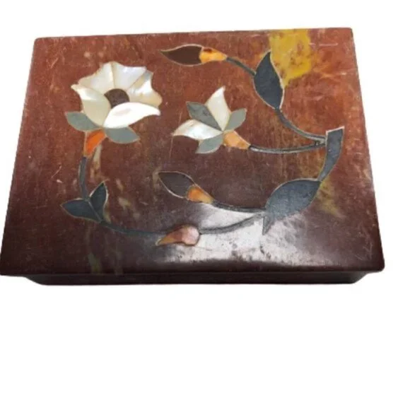 Hand Carved Stone Mother of Pearl Trinket Box