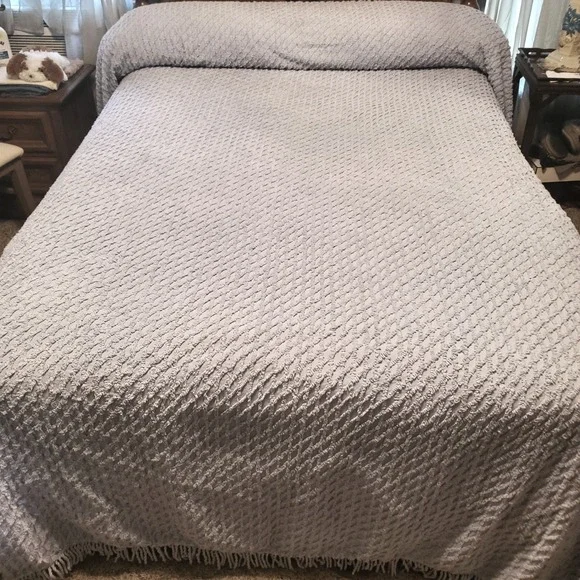 VTG Mohawk Bedspread Queen Blue Diamond Chenille Cotton Tufted Fringe Trim