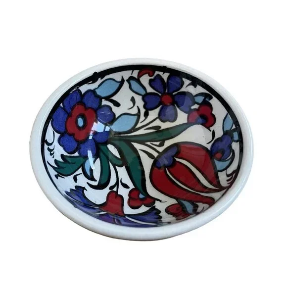 Handmade turkish bowl hand painted blue and red floral design delicate