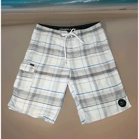 O'Neill Board Shorts Men's 34 White/Blue Plaid 11