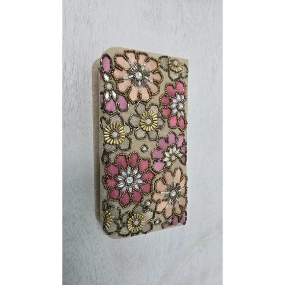 Jewelry‎ Box With Mirror Floral Multicolor Beaded Sequins Beige Fabric