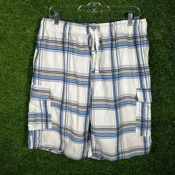 US Polo Assn Mens XL Swim Trunks‎ White Blue Plaid Cargo Board Shorts
