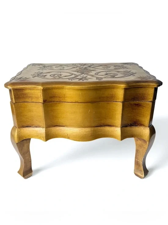 Vintage Italian Florentine Gilt Gold Wooden Hinged Chest Musical Jewelry Box