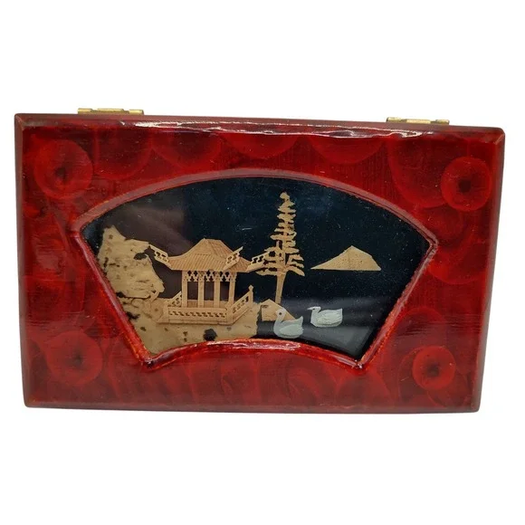 Chinese Jewelry Box Cork Art Lacquer Trinket Box Intricate Red‎ Interior Latch