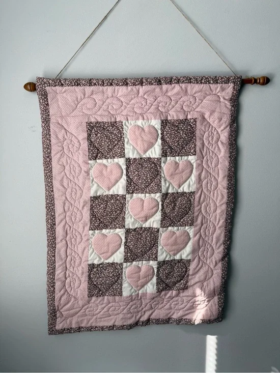 VTG Quilt Wall Hanging Decor Hearts Floral Cottage Core Pink Brown