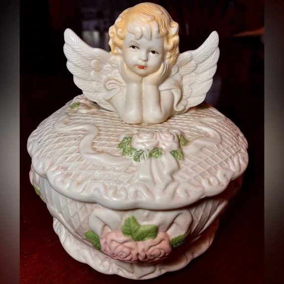 Vintage Cherub Angel Trinket Box | 7” Porcelain Keepsake Jewelry Box