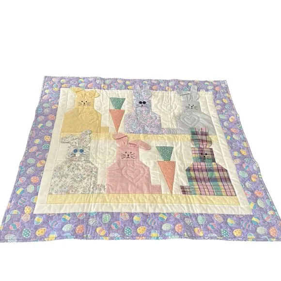 Colorful Bunny Quilt Wall Hanging or throw. 32 x 36 Vintage Made In The 1990’s