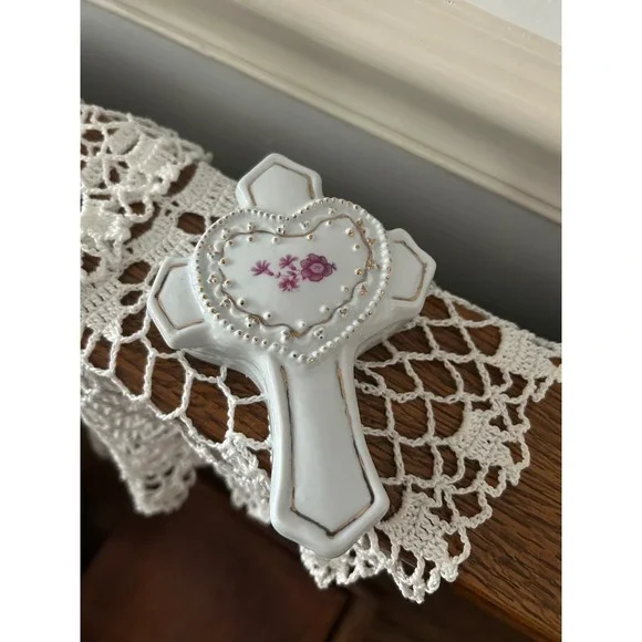 Vintage Porcelain Cross Trinket Box White Floral Heart Gold Trim Religious Decor