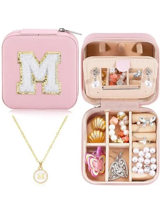 Initial Travel Jewelry Box Organizer Mirror Case PU Leather Storage Pink