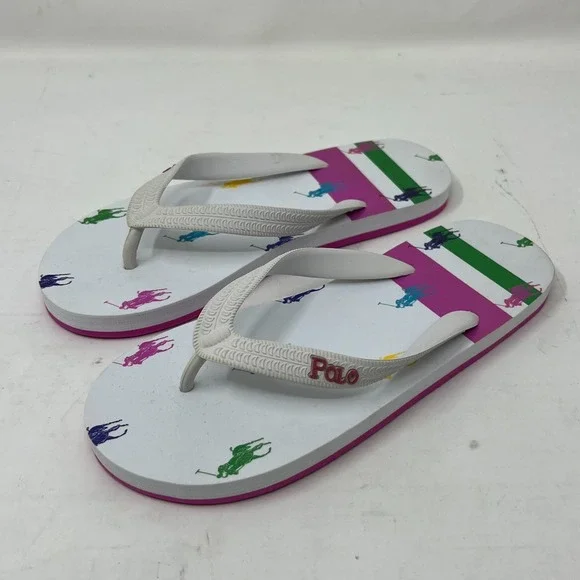 Polo Ralph Lauren Unisex Junior Flip Flop White/Pony‎ Logo US Size 4 VTG NEW