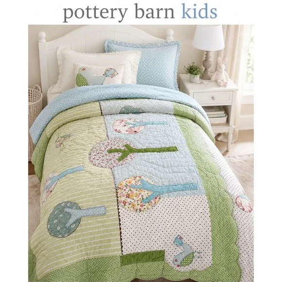 RARE Pottery Barn Kids Brooke Quilt Twin Tree & Bird Applique Cottagecore