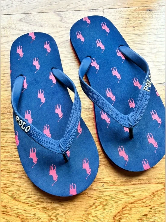 Polo Ralph Lauren Flip Flops Kids Boys Size 4/5 Navy& Red Pony Preppy nautical