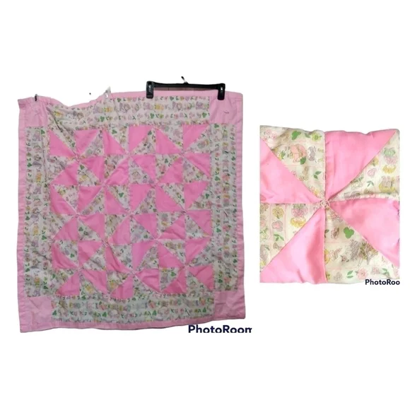 Vintage handmade child's quilt and matching pillow pink and print
