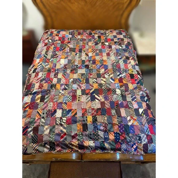 Handmade vintage quilt made from neck ties patchwork full/queen size reversible