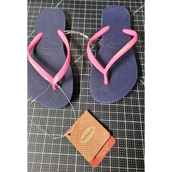 NWT Havaianas Brazil made Blue & Neon PInk Flip Flop kids 2Y/foot 20.7- 21cm‎