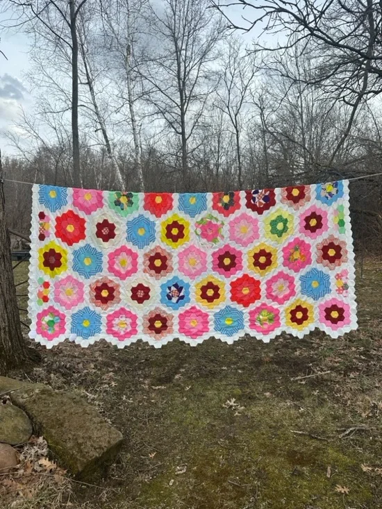 Vintage Grandmother’s Garden Quilt Topper HandmadeHexagon Floral Cottagecore