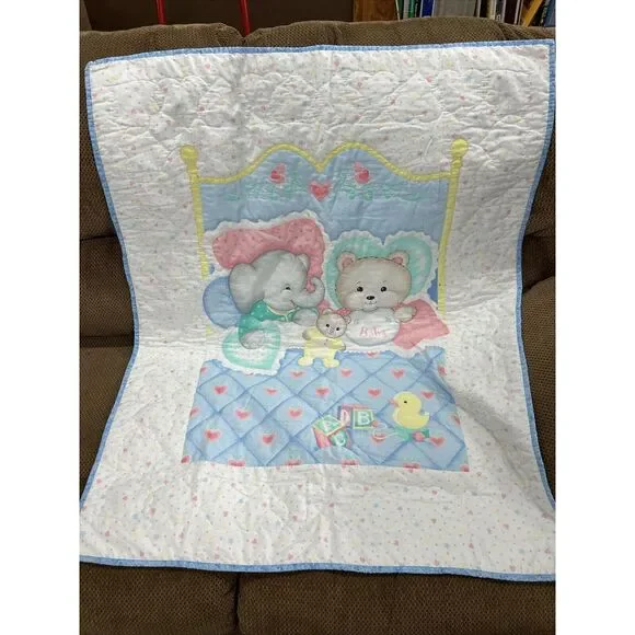 Grandma Handmade Baby Quilt Bears Duck Blocks Elephant Blanket 33X42‎ Vintage