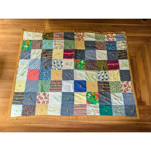 Vintage Handmade Tied Patchwork Quilt Multi Color Floral Stripe Cotton 60x74