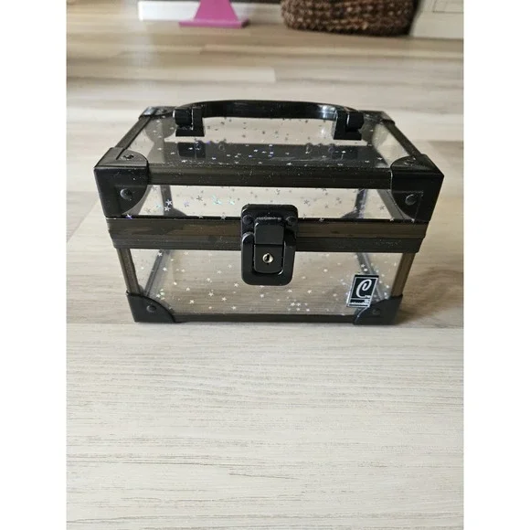 Vintage Caboodles Clear Acrylic Holographic Star Mini Train Case Makeup Box 7x5