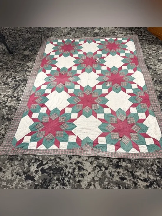 VTG Antique Very Old Quilt Blanket Patchwork 8 Pointed Stars 3D Hand Sewn 80x64”