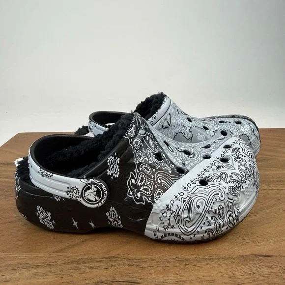 New Little Kids Crocs Baya Lined Paisley Gray/Black Clogs Shoes Sandals‎ Sz 12 C