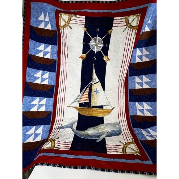 Nautical Sailboat Quilt Ocean Theme Throw Bed Wall Decor Coastal‎
