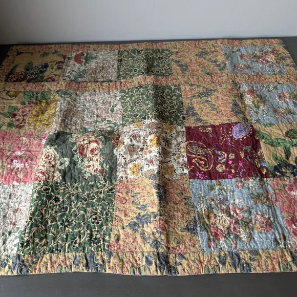 Quilted Patchwork King Pillow Shams 20x36 Floral Multicolor Cotton Vintage Style