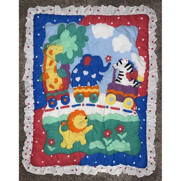 Vintage Kids Line Baby Comforter Quilt Red‎ White Dots Ruffle Trim Animal Circus