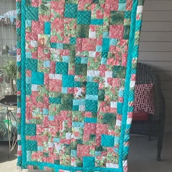 NWT. Turquoises, Corals and Greens Handcrafted Lap Quilt