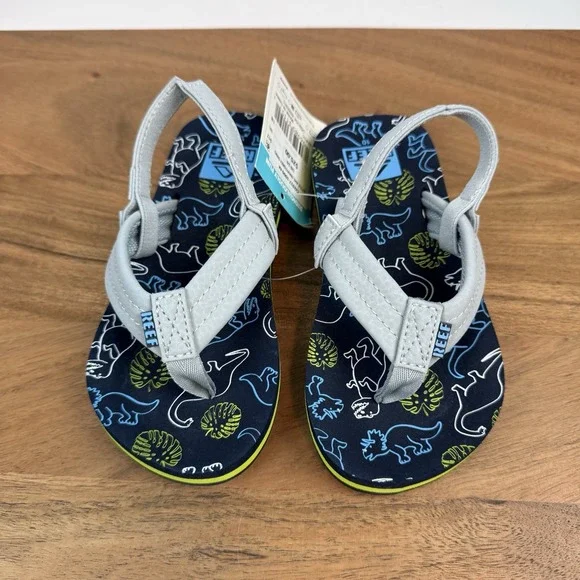 New Little Kids Reef‎ Little Ahi Slip On Water Flip Flops Blue Dinosaurs Sz 10 C