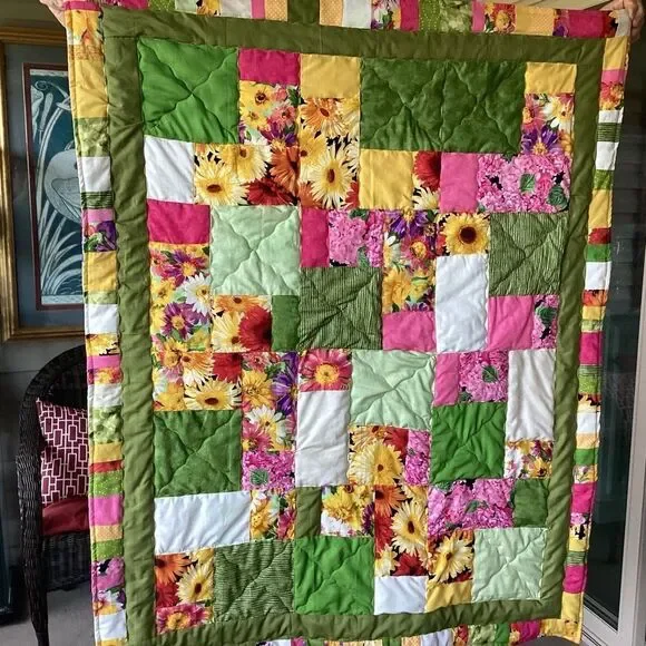 NWT. Hand Crafted Field of Flowers  Quilt with Green, Yellow and Pink Accents