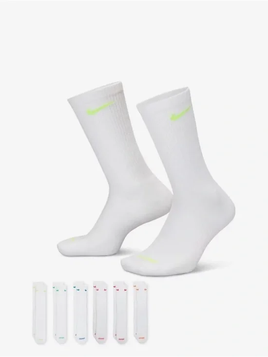 Nike White Crew Socks with Multicolor Neon Swoosh - 6 Pack