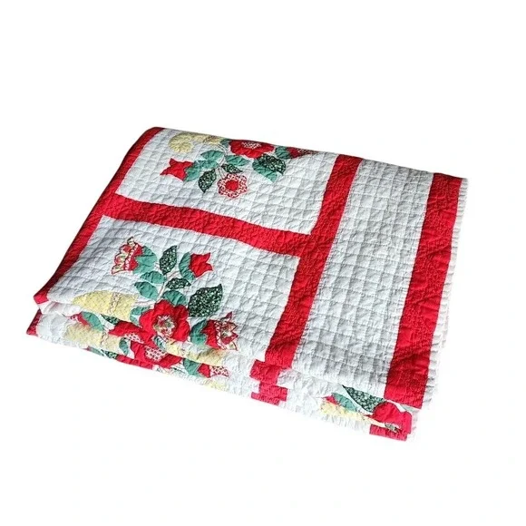 1940s HANDMADE Floral Basket Appliqué Quilt‎ Red Sashing Americana 98x65
