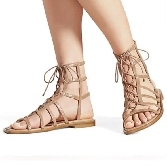 NIB Stuart Weitzman Kora Lace Up Gladiator Shimmer Suede Taupe Sandals 4.5