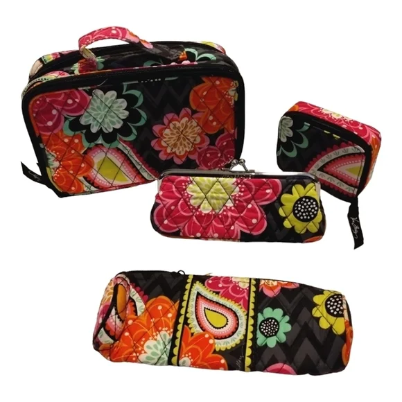 4 Pcs Vera Bradley Floral Makeup Travel Bag,‎ Coin Purse, Travel Pill Case