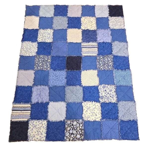 Handmade Blue Rag Quilt Throw Blanket Floral Patchwork Cottage Farmhouse 60x47