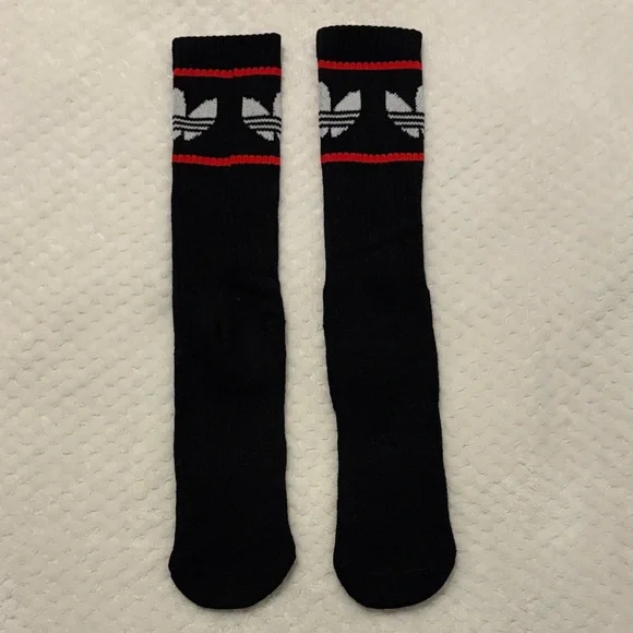 NWOT Adidas Black Crew Athletic Socks with Red Stripes and White Trefoil