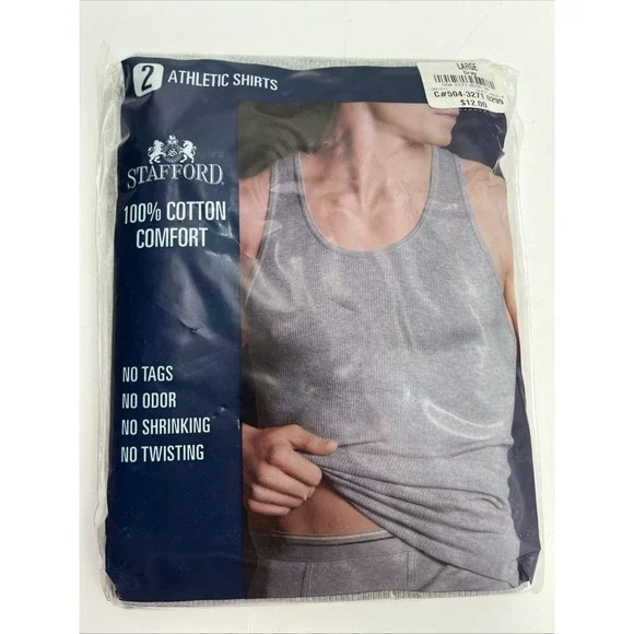 STAFFORD 2 ATHLETIC SHIRTS 100% COTTON COMFORT Large Gray