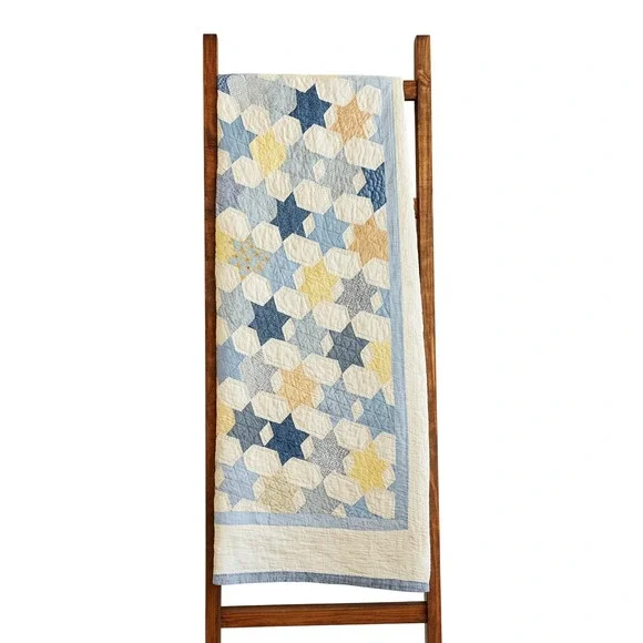 70s‎ heirloom Star patch Quilt 86x81 Handmade Cottagecore Farmhouse Blue Cream